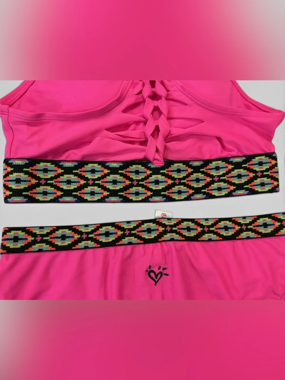 Bright Pink Woven Weave 2 pc. Bikini w/ Patterned Elastic Banding NWOT Size 16
